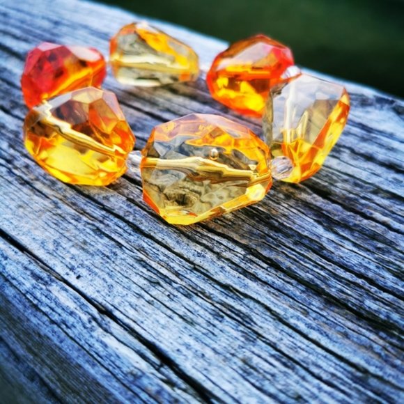 Big Yellow and Orange Plastic Gemstones Stretch Statement Bracelet - Picture 4 of 13